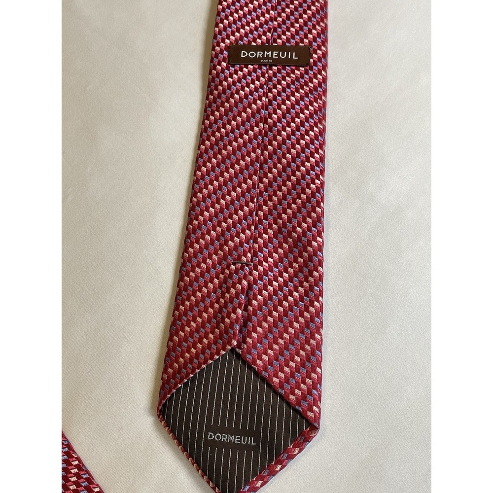 DORMEUIL Paris Men's 100% Silk Tie‎ ~ Red & Blue Geometric ~ - Picture 4 of 7